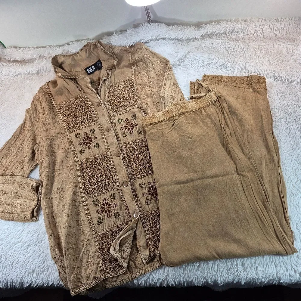 NWOT BILA Crinkle Gauze Embroidered Top & Pants Set Womans XL Boho Hippie Chic